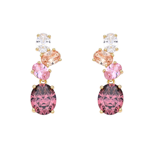 Brincos Galia em banho dourado com pedra zircónia redonda cor rosa pastel em fundo branco para a loja Botip.pt.